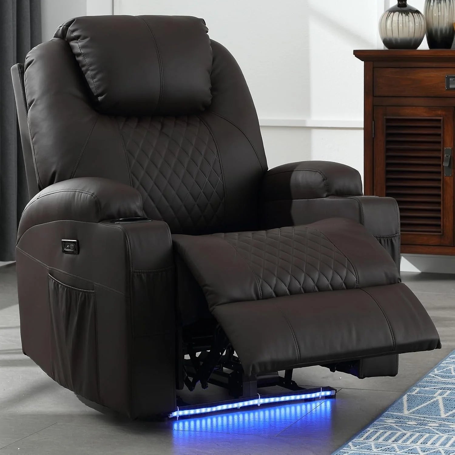 Recliner Rocking Chair, 270° Swivel Rocker Chairs with Massage and Heat, Lazy Boy Recliner Chair with Remote Control / Cup Holder for Living Room, Bedroom, Brown