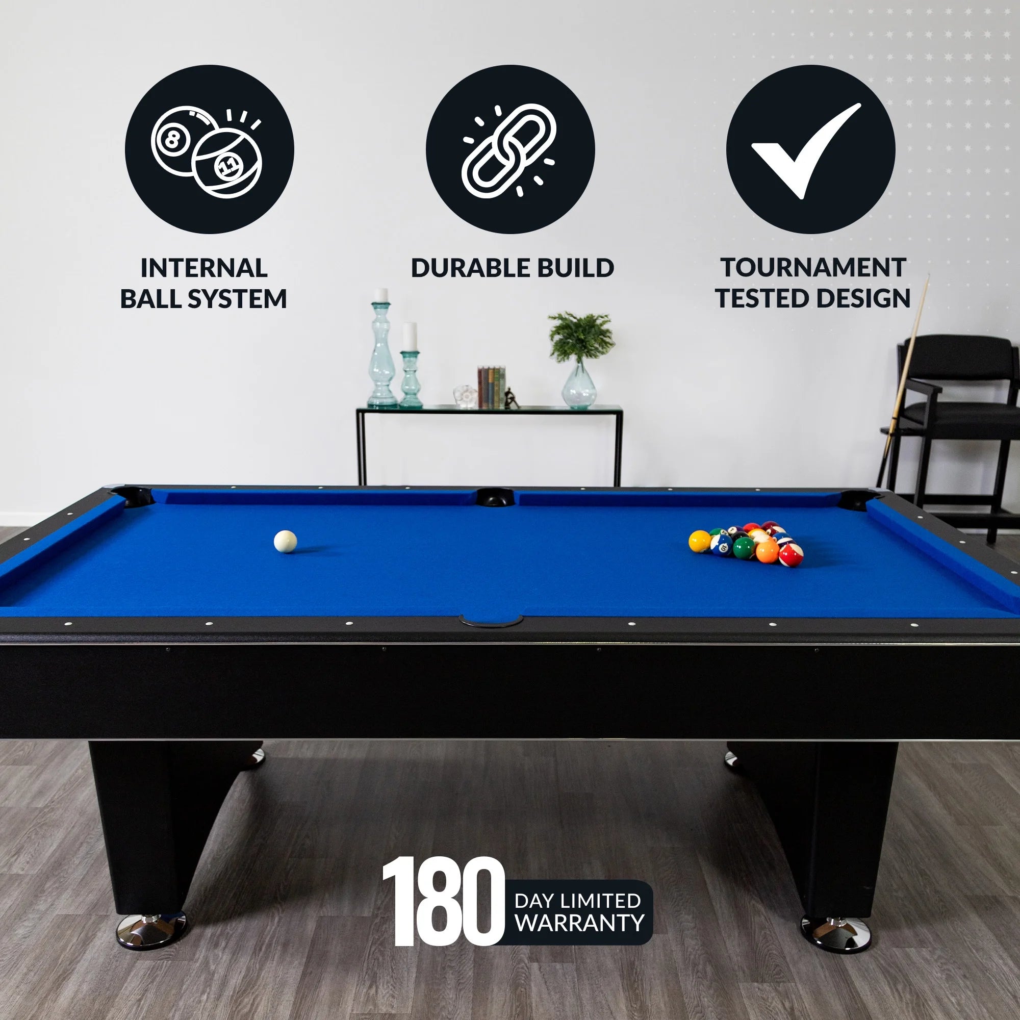 Hustler 7-Foot Pool Table with Blue Felt, Internal Ball Return System, Easy Assembly, Pool Cues and Chalk