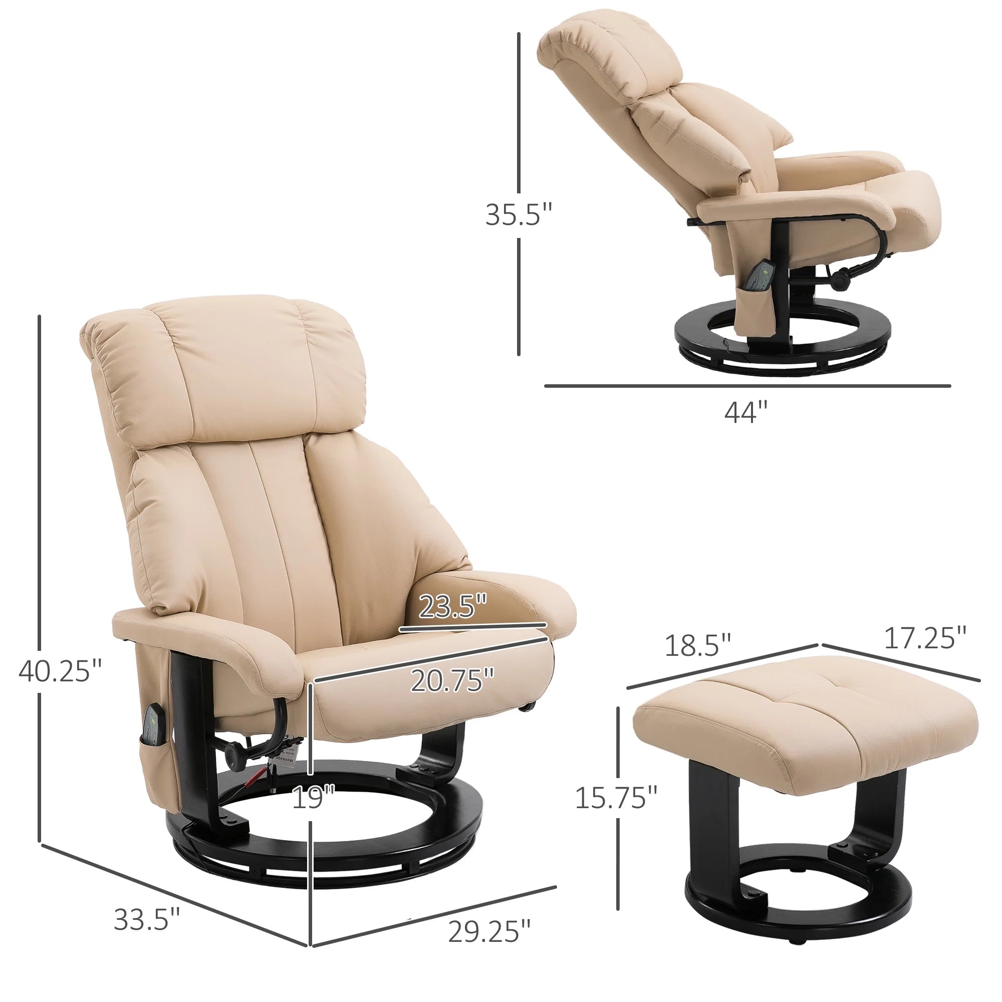 Massage Recliner Chair with Ottoman, 360° Swivel Recliner and Footstool, 10 Point Vibration, PU Leather Reclining Chair with Side Pocket and Remote Control, Beige