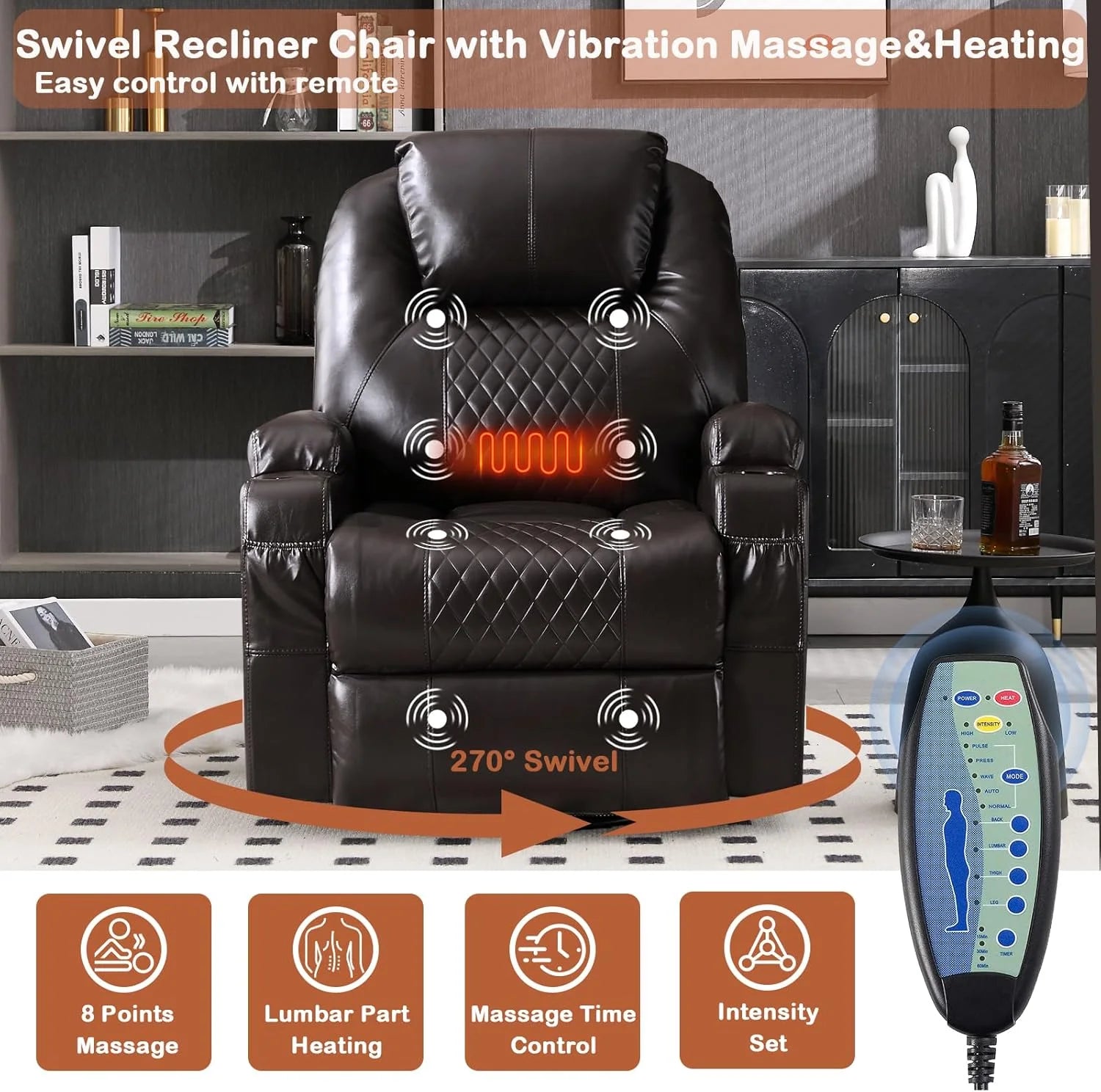 Recliner Rocking Chair, 270° Swivel Rocker Chairs with Massage and Heat, Lazy Boy Recliner Chair with Remote Control / Cup Holder for Living Room, Bedroom, Brown