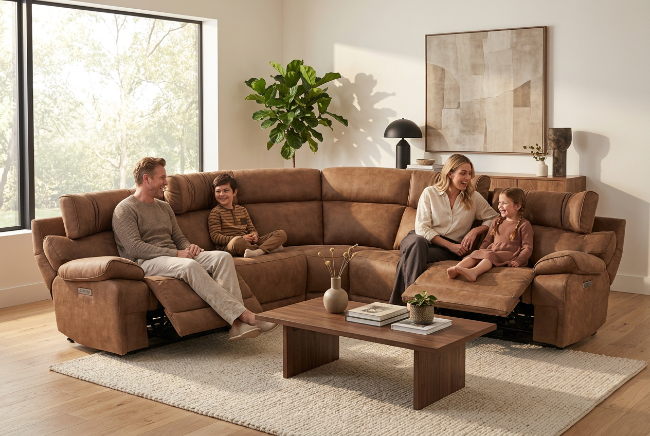 MaxView Media Mocha 6-Piece Power Reclining Sectional with Immersive Sound System