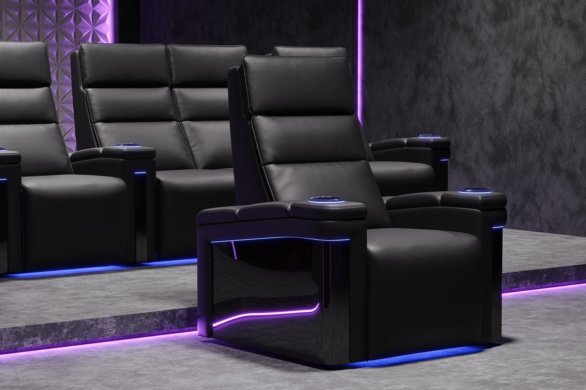 Valencia 2025 New Monza Leather Home Theater Seating with Carbon Fiber Panels – Row of 5
