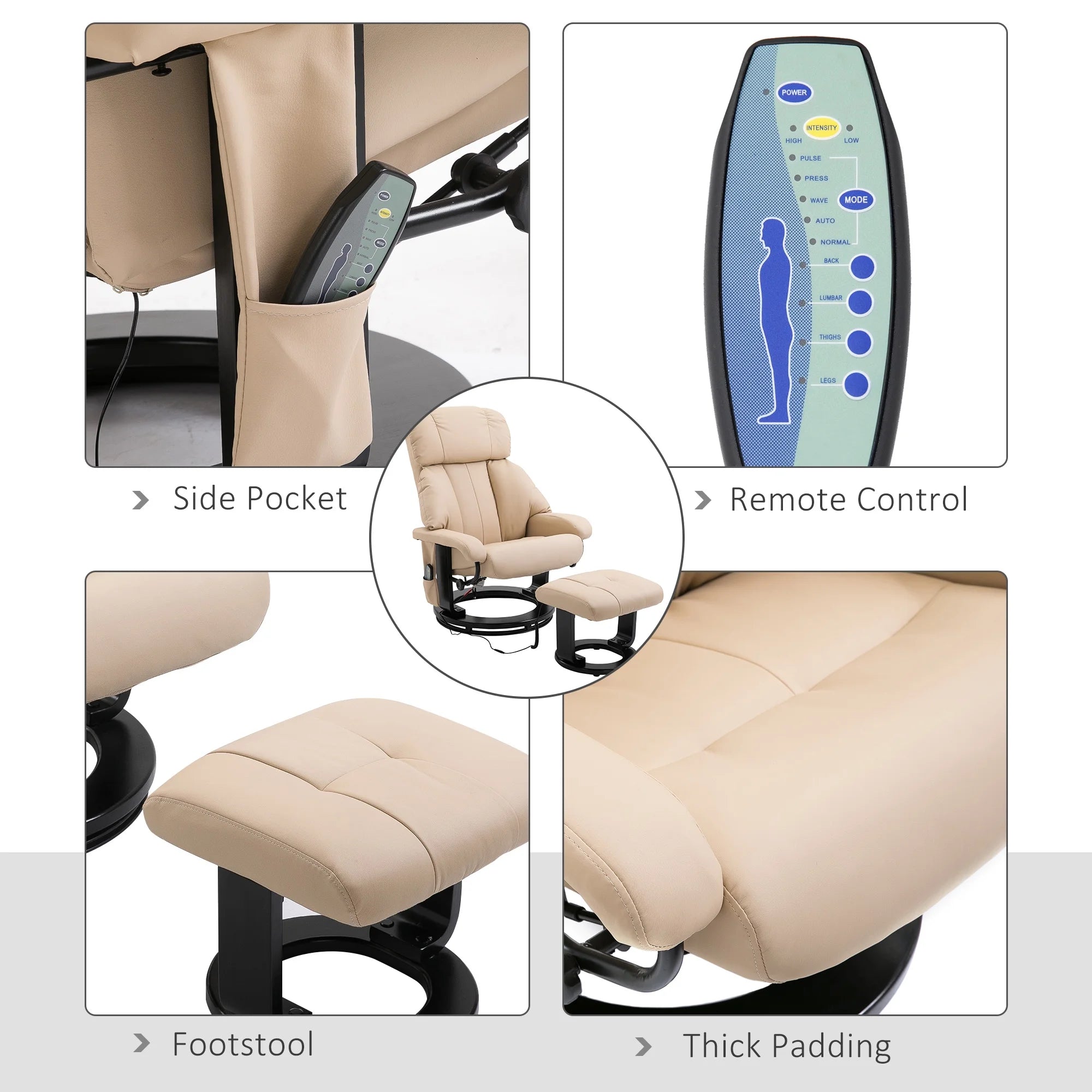 Massage Recliner Chair with Ottoman, 360° Swivel Recliner and Footstool, 10 Point Vibration, PU Leather Reclining Chair with Side Pocket and Remote Control, Beige