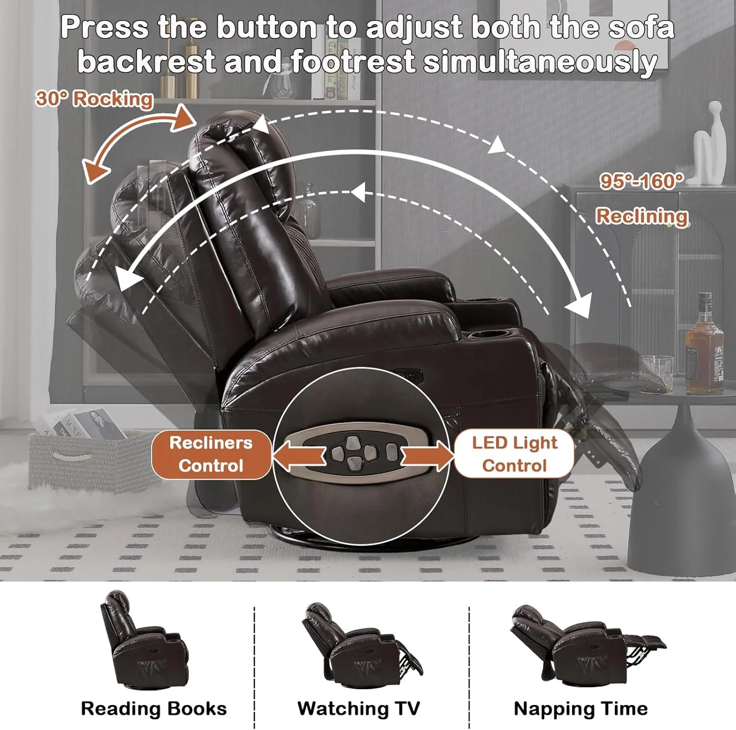 Recliner Rocking Chair, 270° Swivel Rocker Chairs with Massage and Heat, Lazy Boy Recliner Chair with Remote Control / Cup Holder for Living Room, Bedroom, Brown