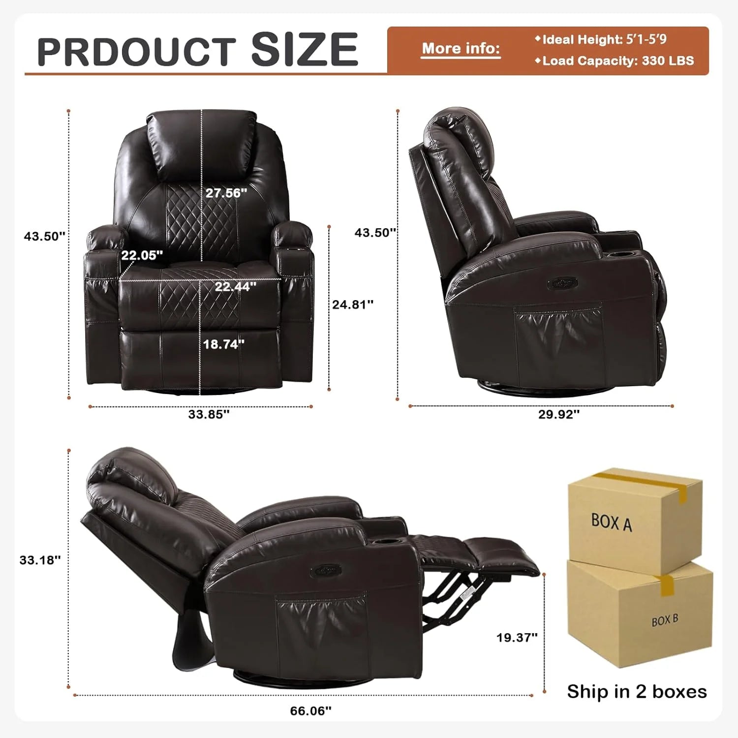 Recliner Rocking Chair, 270° Swivel Rocker Chairs with Massage and Heat, Lazy Boy Recliner Chair with Remote Control / Cup Holder for Living Room, Bedroom, Brown