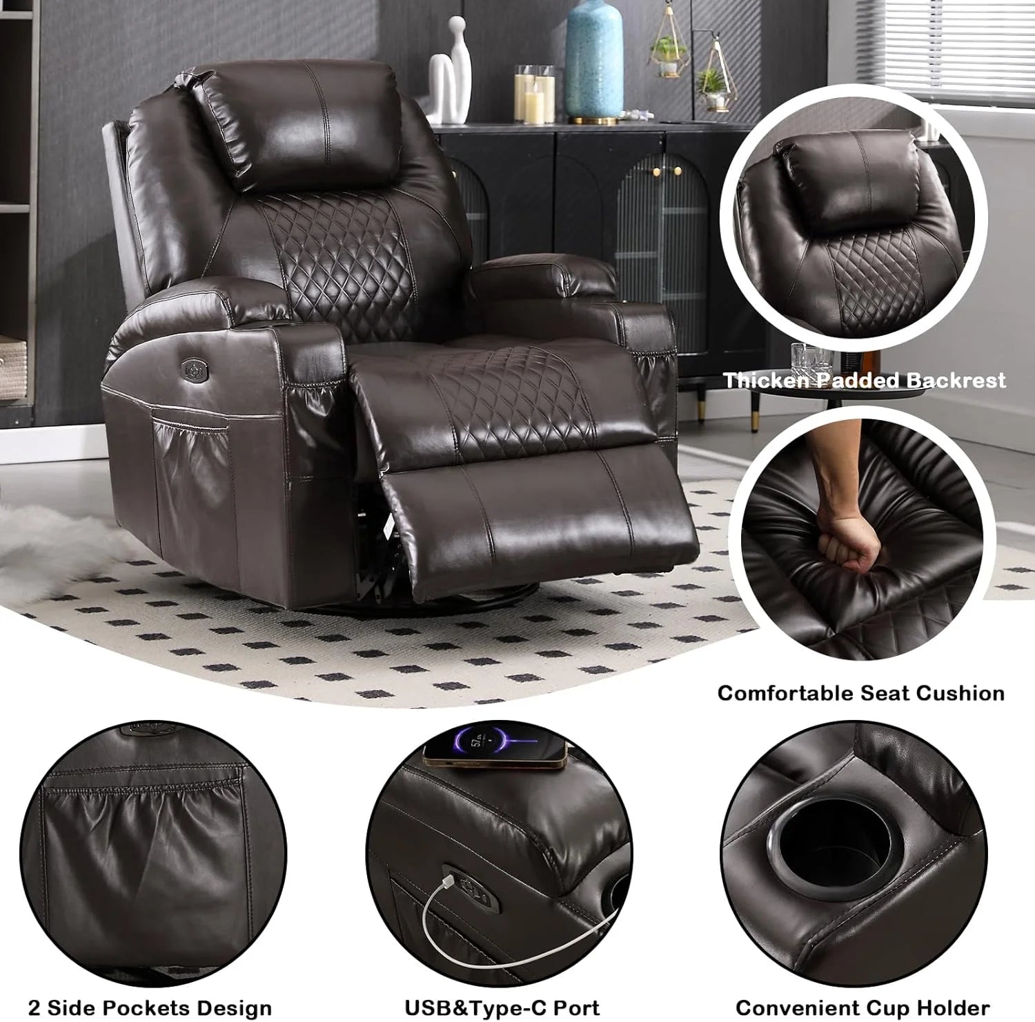 Recliner Rocking Chair, 270° Swivel Rocker Chairs with Massage and Heat, Lazy Boy Recliner Chair with Remote Control / Cup Holder for Living Room, Bedroom, Brown