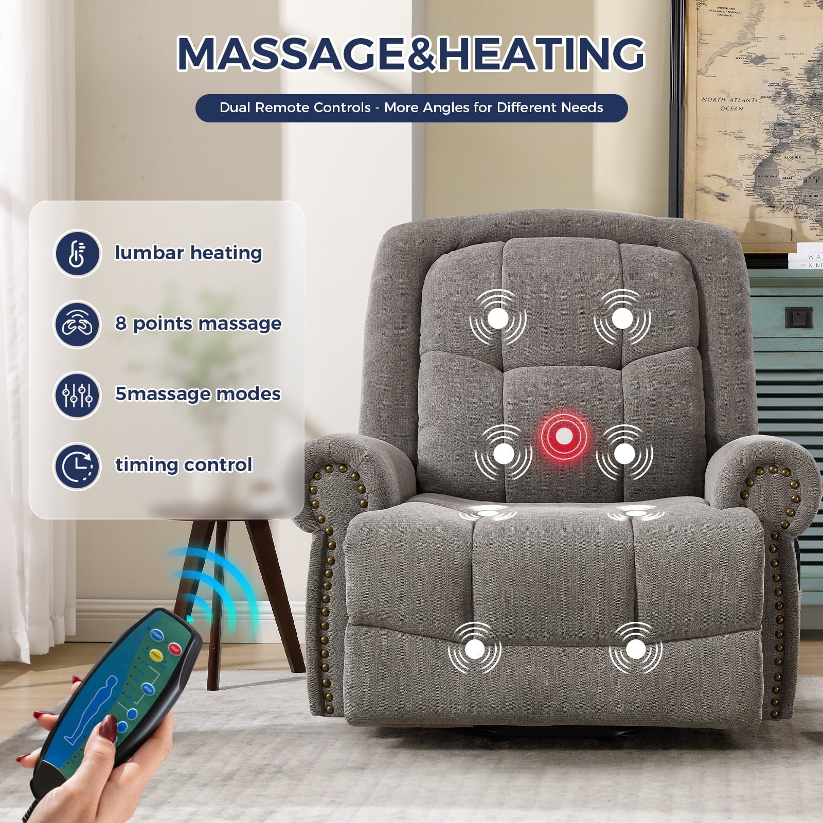 Electric Power Lift Massage Recliner for Elderly Theater Seating Fabric Reclining Chair for Bedroom Living Room Gray