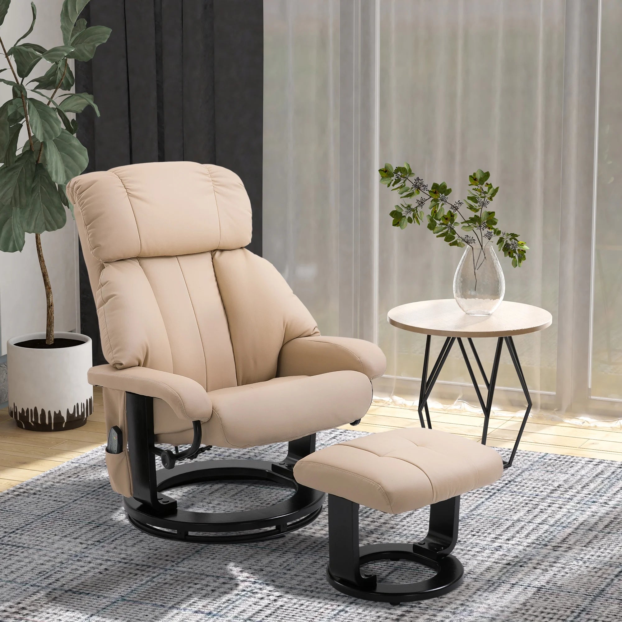 Massage Recliner Chair with Ottoman, 360° Swivel Recliner and Footstool, 10 Point Vibration, PU Leather Reclining Chair with Side Pocket and Remote Control, Beige