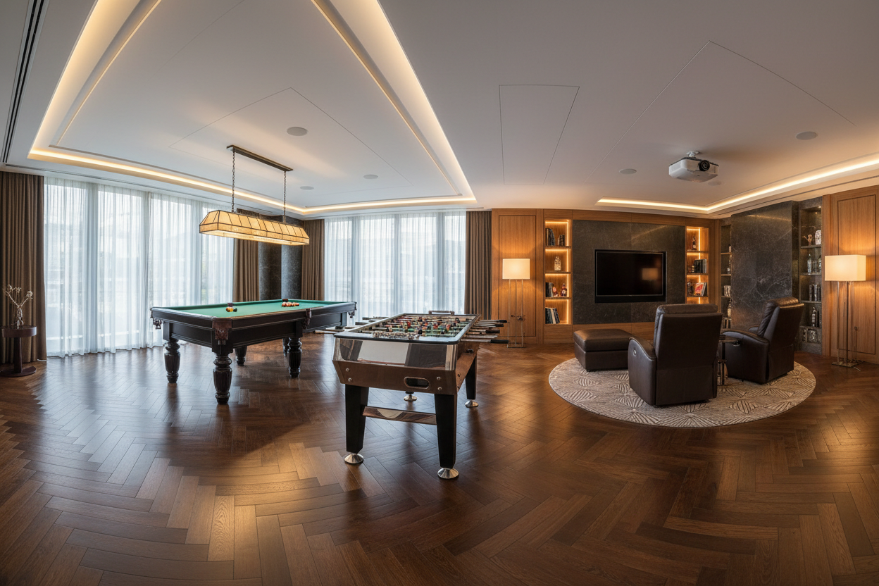 Generate a banner image suitable for a premium online store, but with natural lighting ikn this format 1420 x 180px. Feature a photorealistic "Luxury" vibe of a modern architetural high end light and welcomign relaxing man cave room with cozy lights dakr wood forrin parquet and a foosball trable and a poolt able asd an area to chill with cozy recliner chairs and a progjecotr intslles in the celiling as the clear focus. The surrounding scene, mood, and setting should be designed entirely around the product