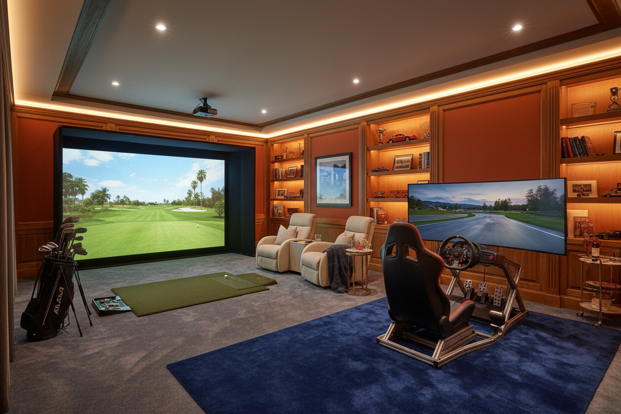 generate n iamge of a golf simualtor and a racong idmualtor in a a cozy home eneterianmnet room