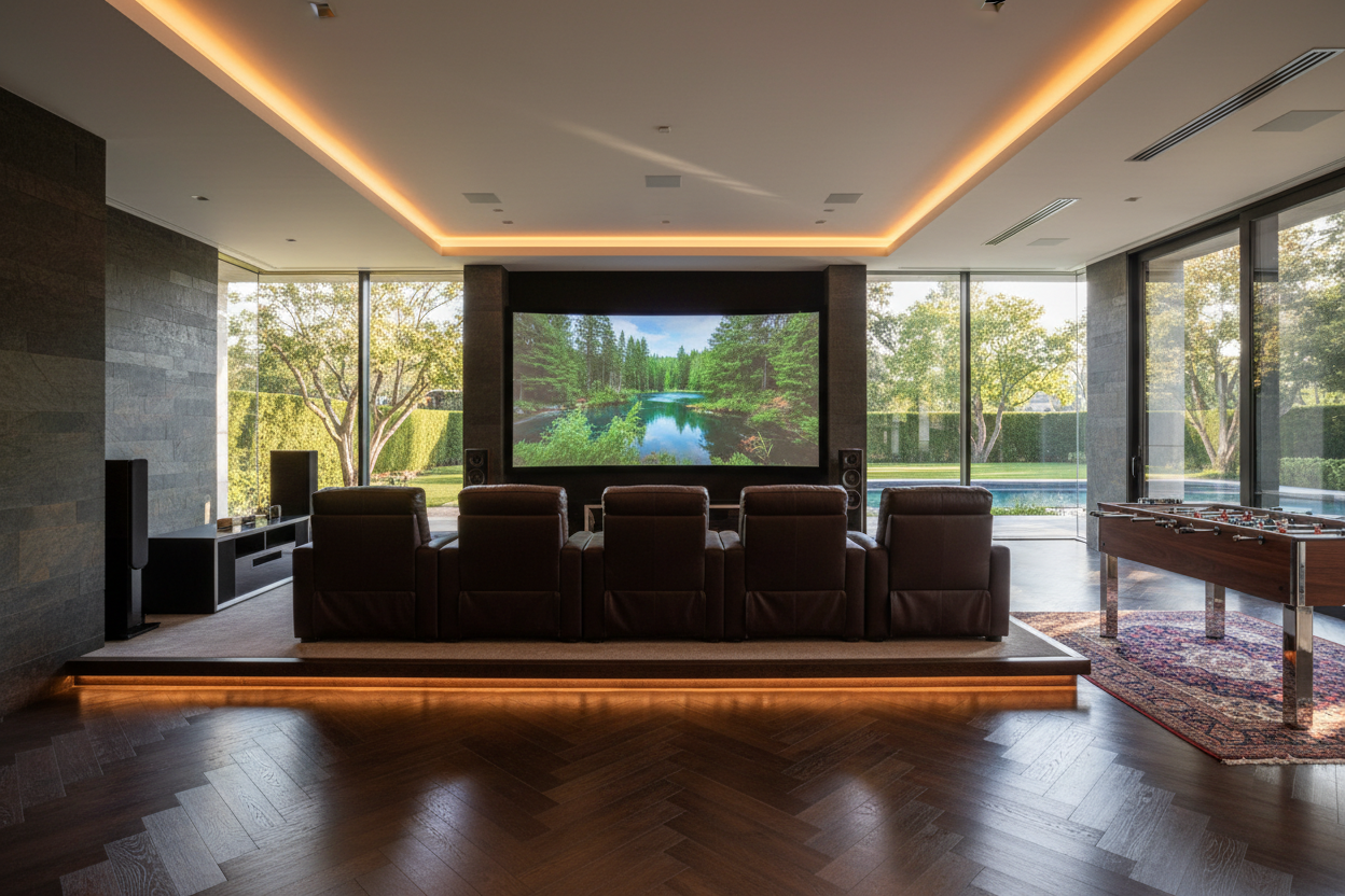 give me just one row of homw hterate chaiers that are looking frontal to the big screen and a dark wood paruwert floor