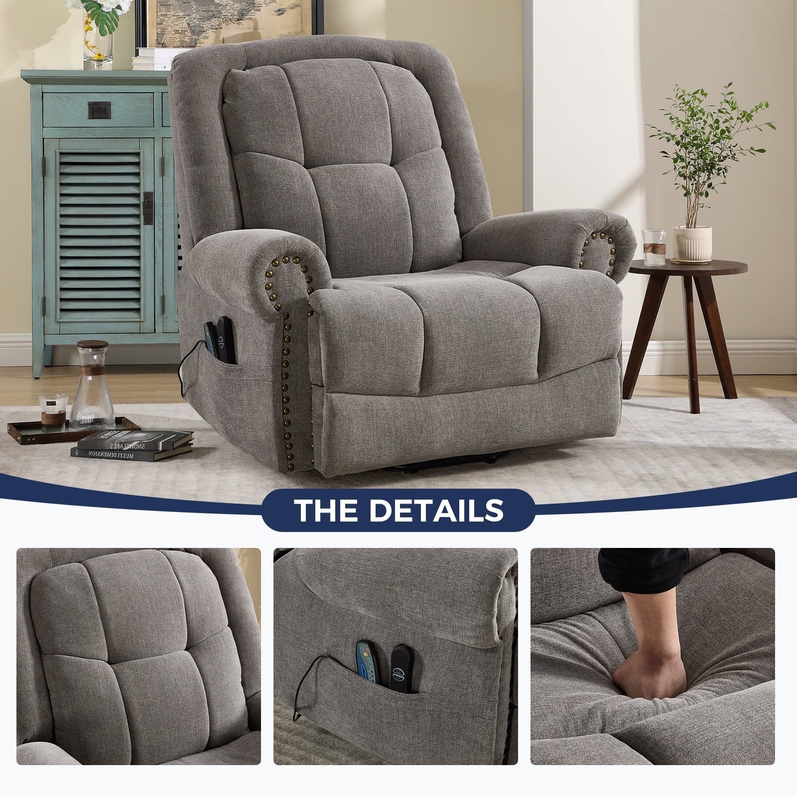 Electric Power Lift Massage Recliner for Elderly Theater Seating Fabric Reclining Chair for Bedroom Living Room Gray