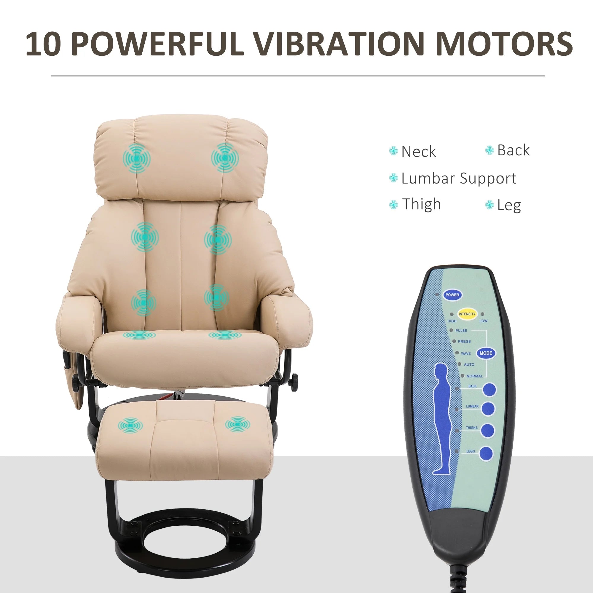 Massage Recliner Chair with Ottoman, 360° Swivel Recliner and Footstool, 10 Point Vibration, PU Leather Reclining Chair with Side Pocket and Remote Control, Beige