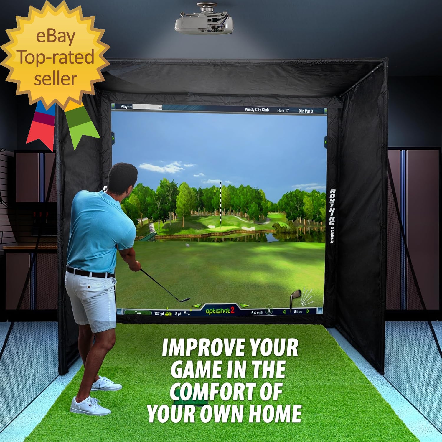 Golf Simulator Enclosure with Impact Netting and All Poles