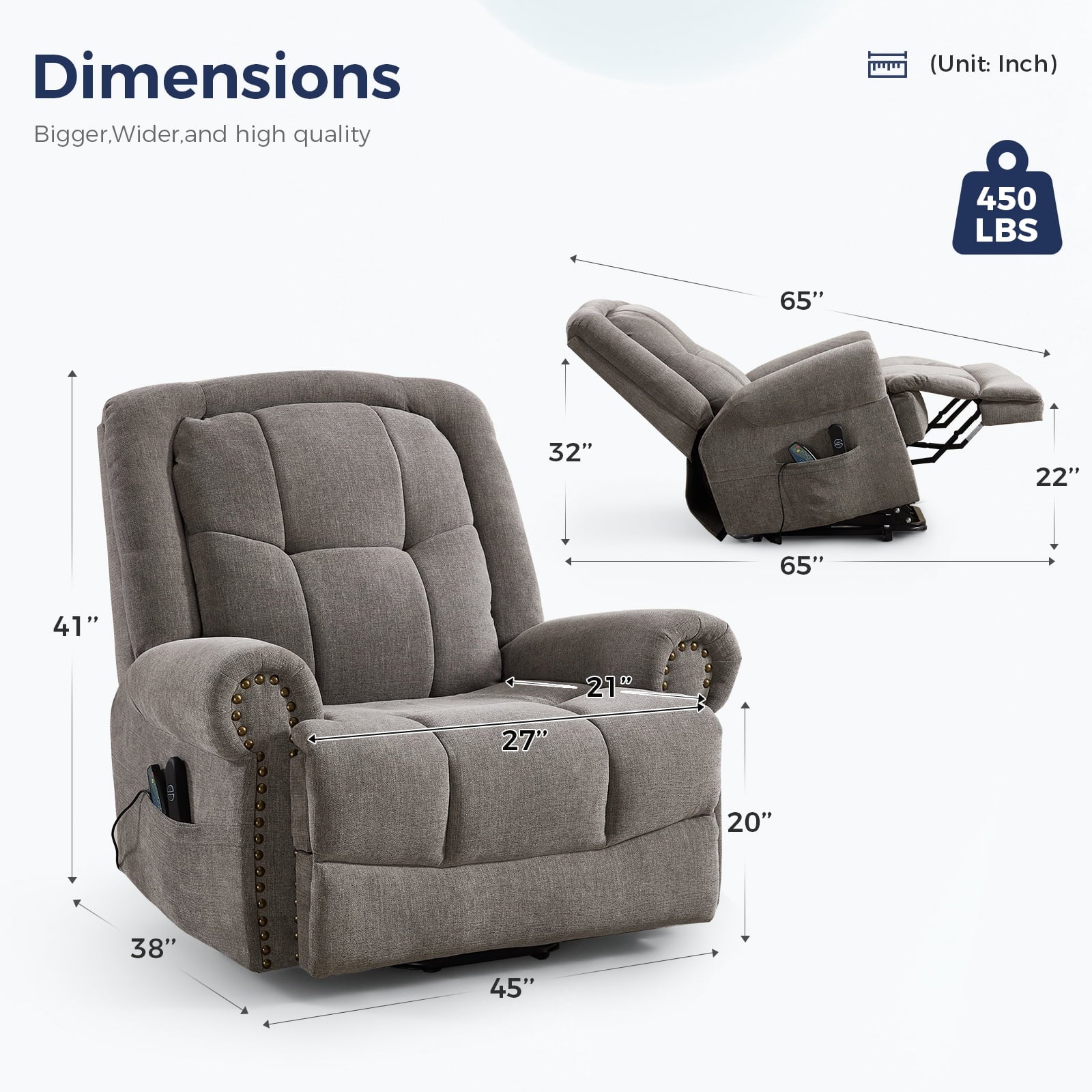 Electric Power Lift Massage Recliner for Elderly Theater Seating Fabric Reclining Chair for Bedroom Living Room Gray