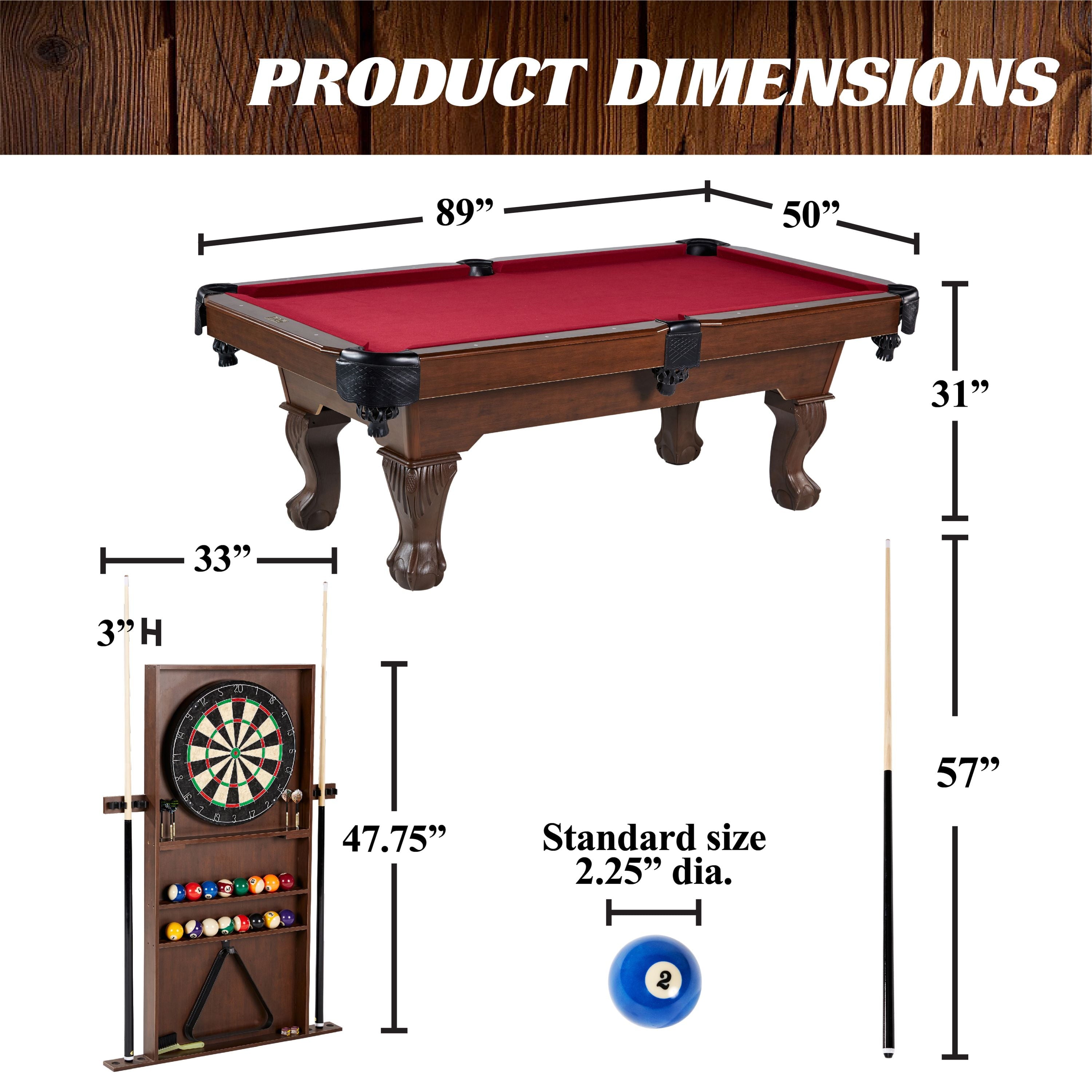 7.5 Ft Pool Table Set with Cue Rack & Dartboard, Burgundy