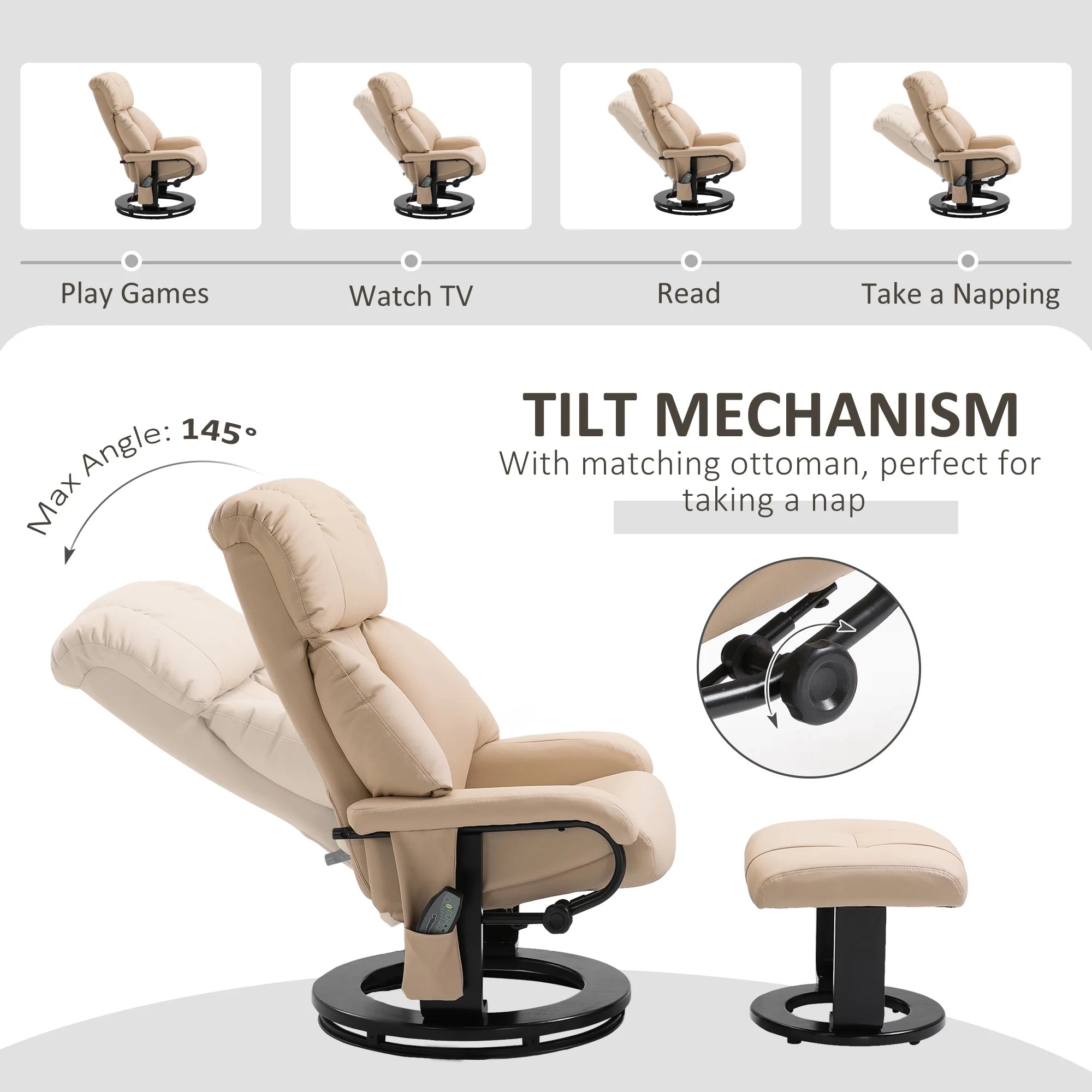 Massage Recliner Chair with Ottoman, 360° Swivel Recliner and Footstool, 10 Point Vibration, PU Leather Reclining Chair with Side Pocket and Remote Control, Beige
