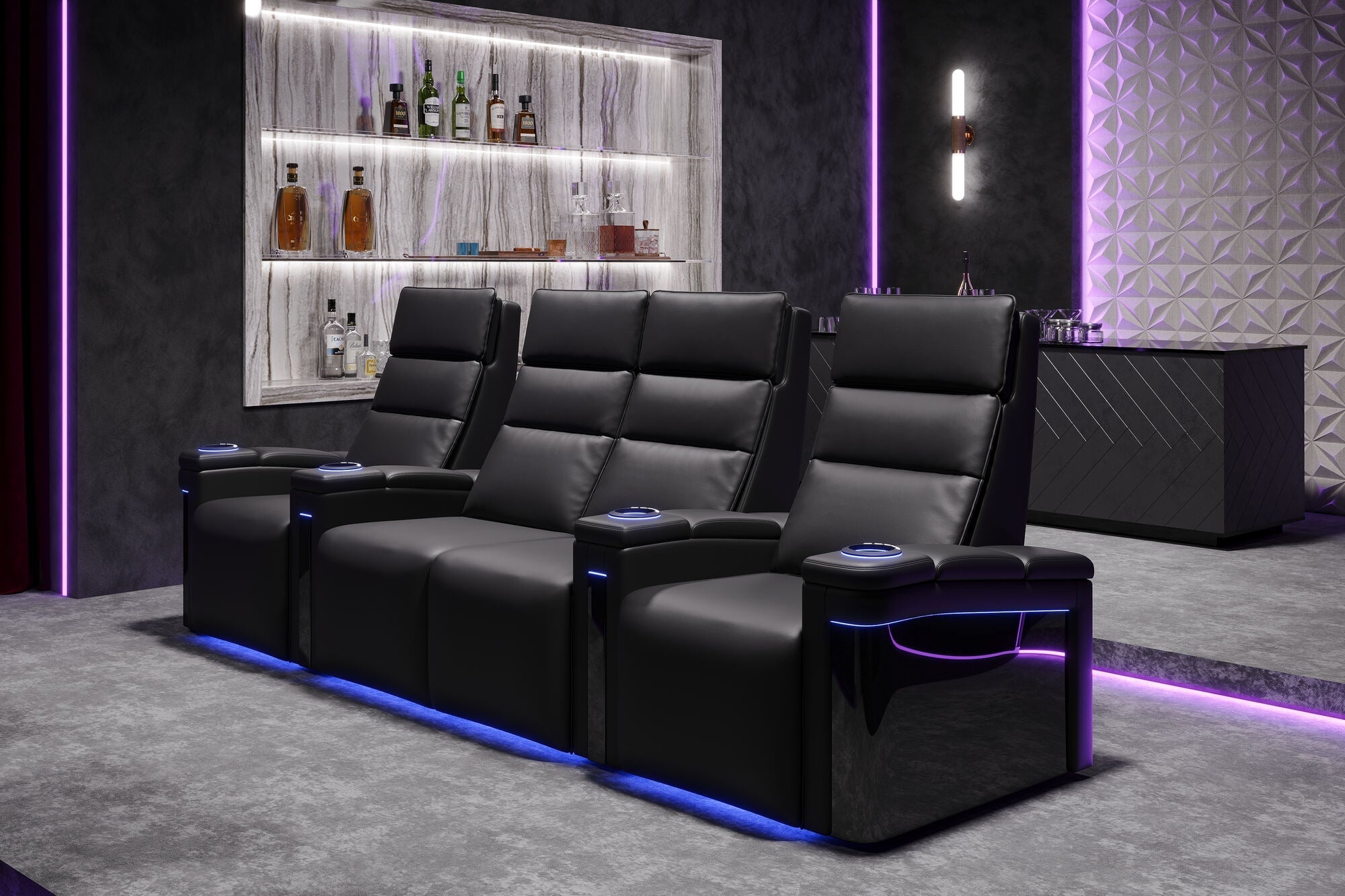 Valencia 2025 New Monza Leather Home Theater Seating with Carbon Fiber Panels – Row of 4