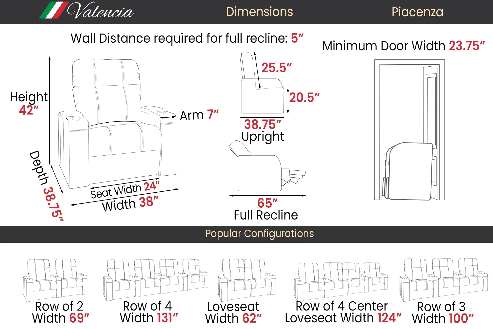 Valencia Piacenza Luxury Leather Home Theater Seating – Row of 3 Loveseat (Right)