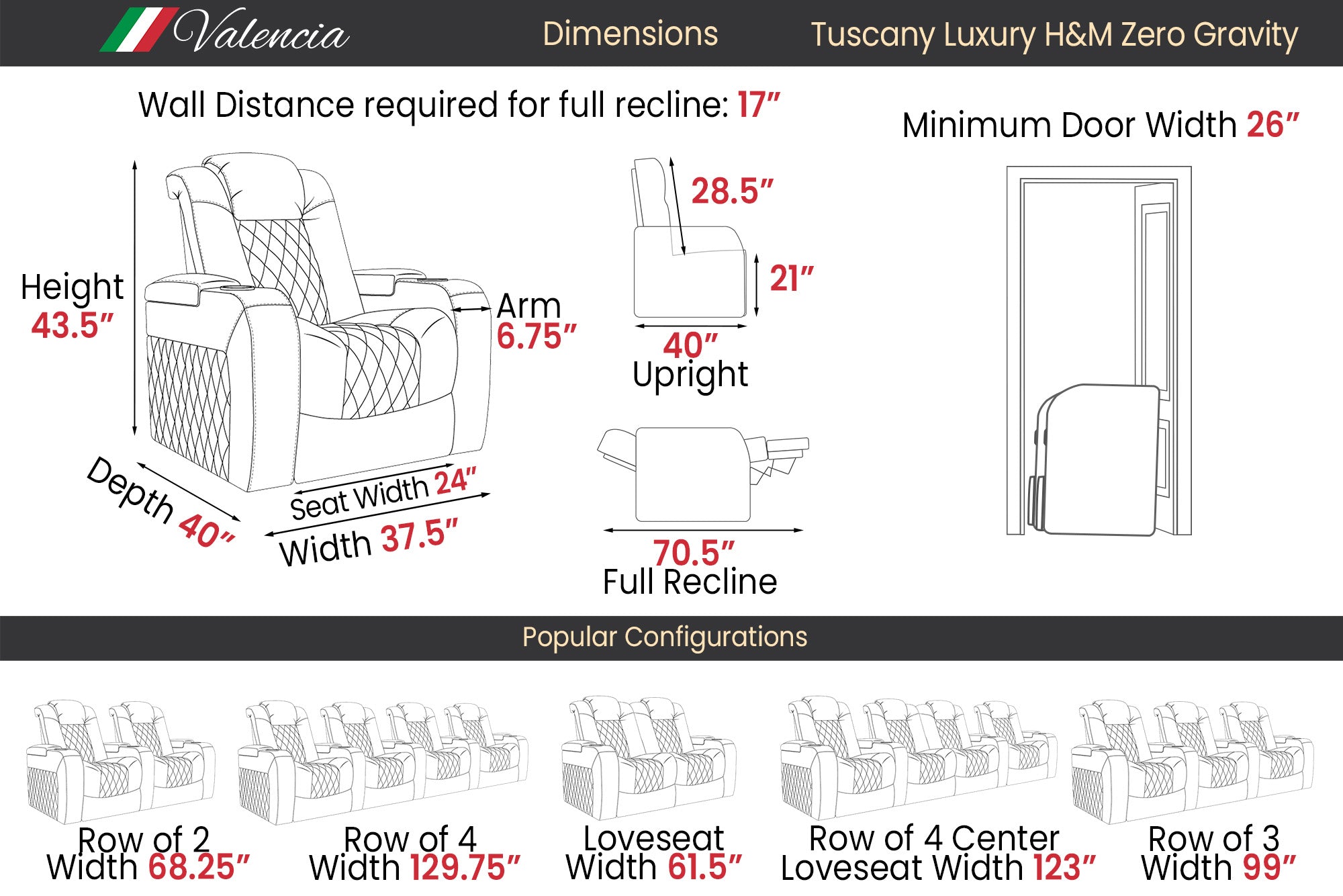 Valencia Tuscany Luxury Float™ Zero Gravity Heat & Massage Theater Seating (2025 Edition)