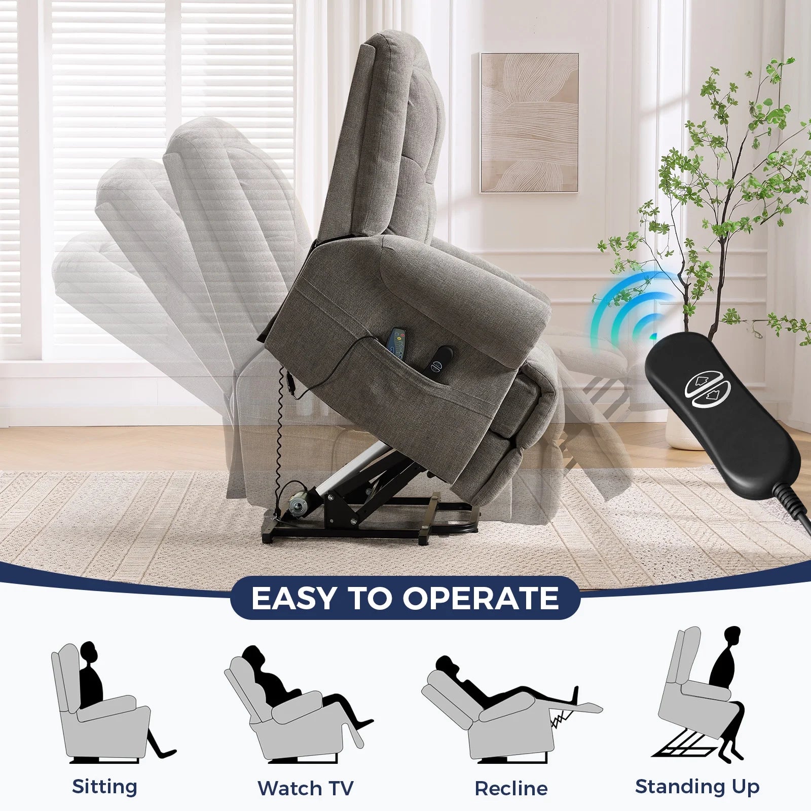 Electric Power Lift Massage Recliner for Elderly Theater Seating Fabric Reclining Chair for Bedroom Living Room Gray