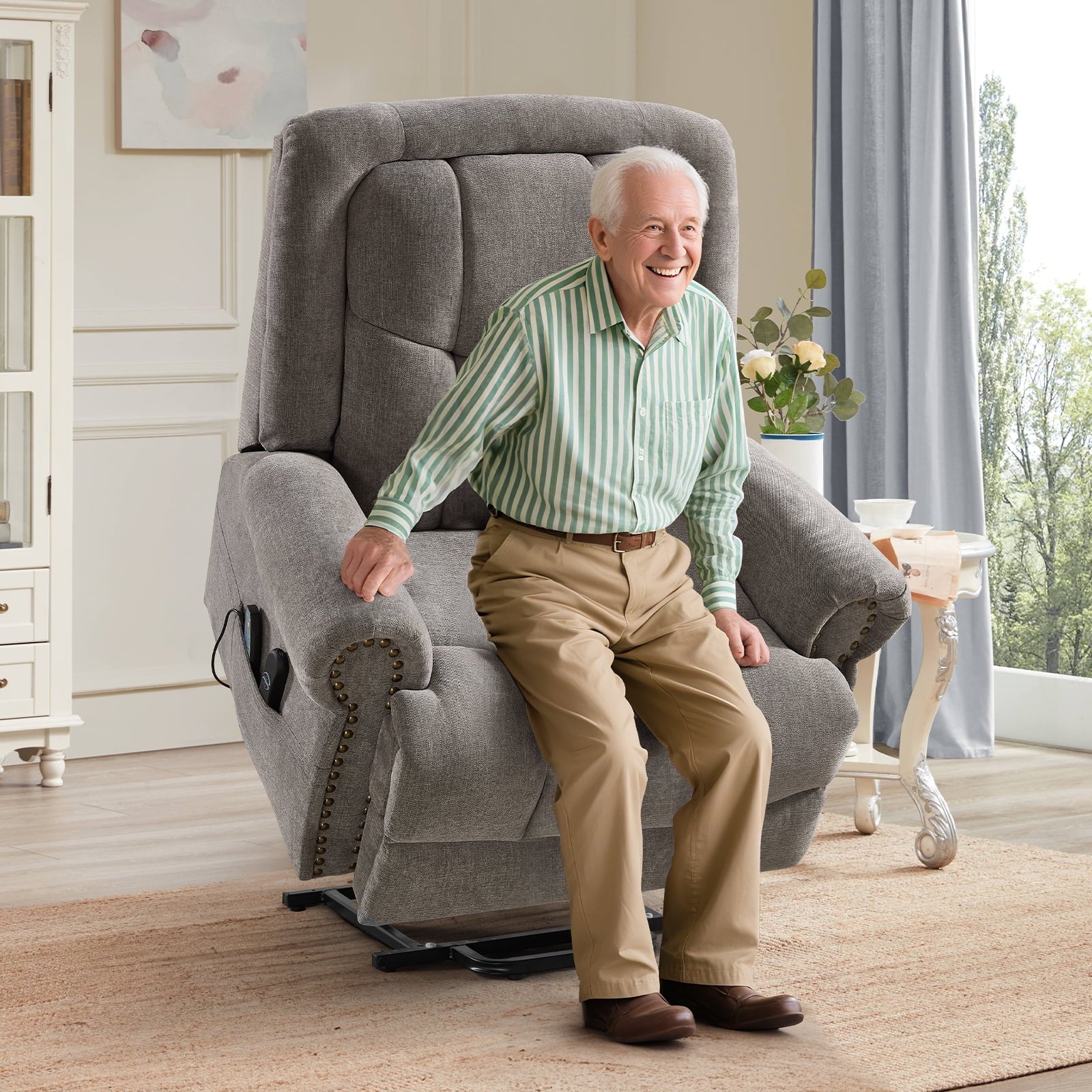 Electric Power Lift Massage Recliner for Elderly Theater Seating Fabric Reclining Chair for Bedroom Living Room Gray