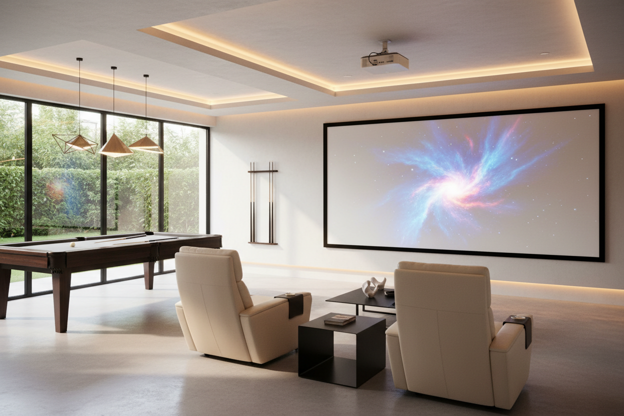 Generate a banner image suitable for a premium online store, but with natural lighting ikn this format 1420 x 180px. Feature a photorealistic "Luxury" vibe of a modern architetural high end light and welcomign relaxing man cave with a pool tabel area and a chill area with relcining chairs in front of a white panel with a proghéjctor in fornt of projecting as the clear focus. The surrounding scene, mood, and setting should be designed entirely around the product — whether indoor or outdo