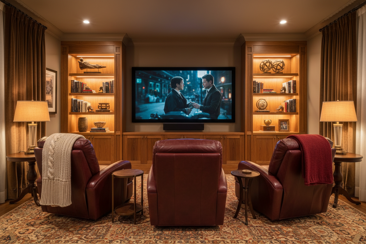 genrat an iamge of a entraienemtn home room walrhy fusniehd wht a hem thateter sytsem and cozy leather chairs